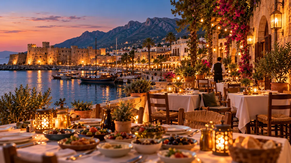 The mezze terrace of the Grand Veyra hotel and casino under carob trees on a warm Mediterranean evening